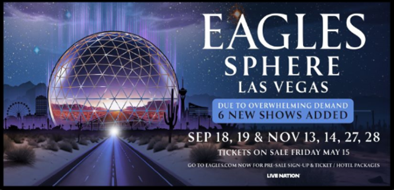Official Eagles Sphere Las Vegas announcement graphic for six new 2026 dates — September 18 and 19, November 12, 14, 27 and 28
